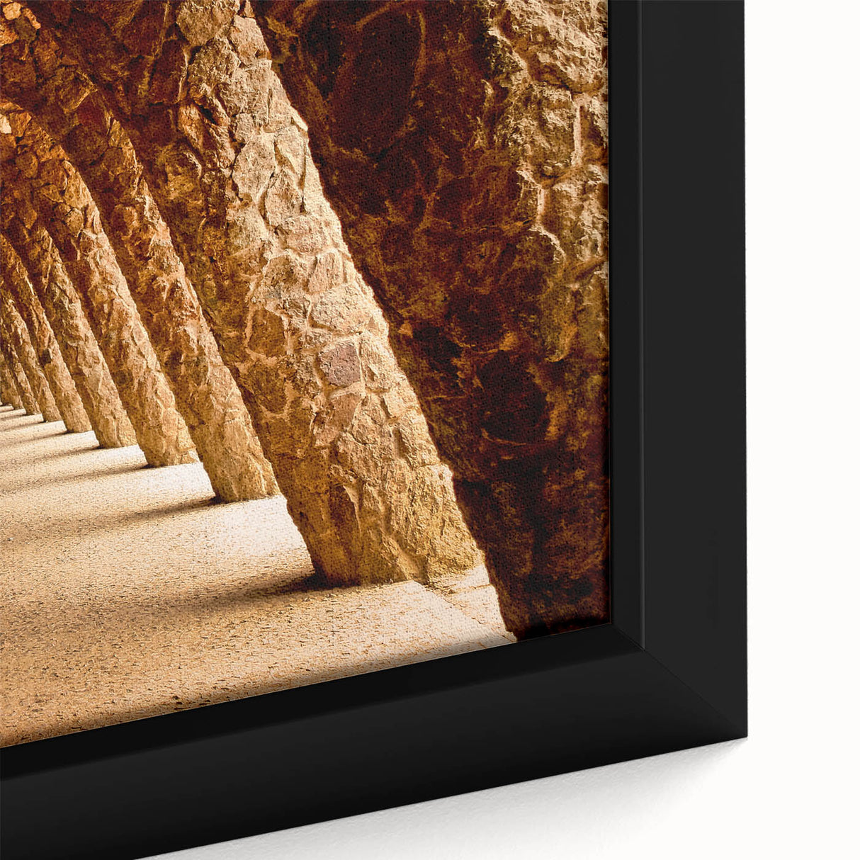 Extra large framed canvas featuring a textured depiction of Barcelona scenery in black with colorful art accents.