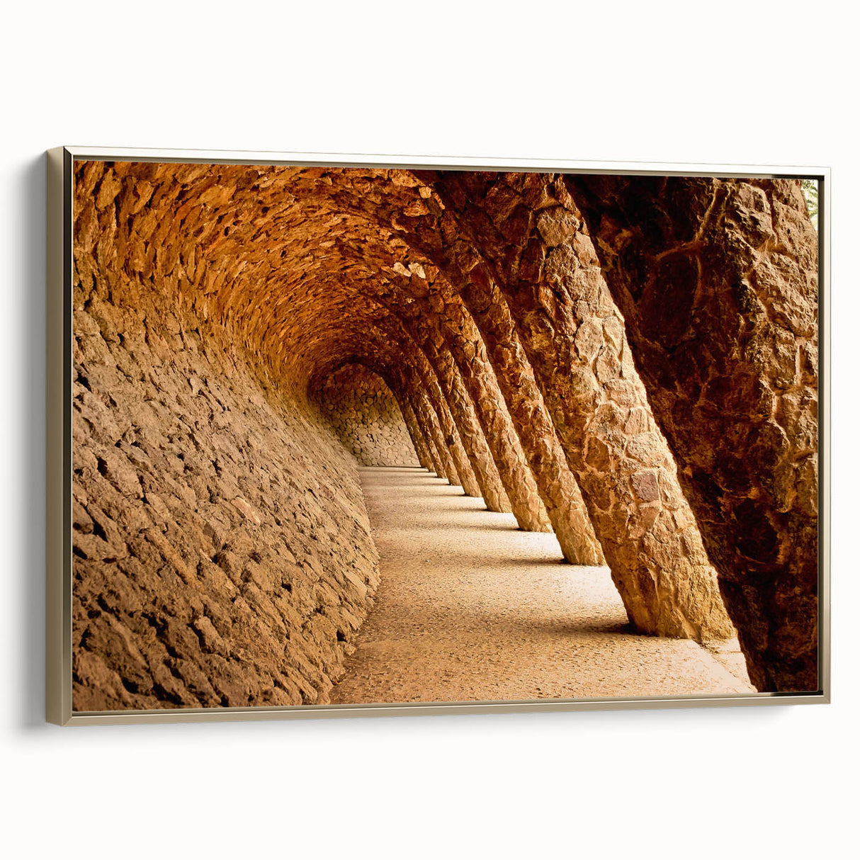 Framed canvas of a vintage Barcelona landscape in muted gold and black tones, ideal for bedroom wall decor.