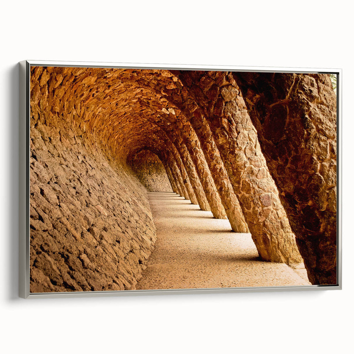 Framed canvas depicting a vintage landscape art painting of Barcelona with a palette of black and colorful hues.