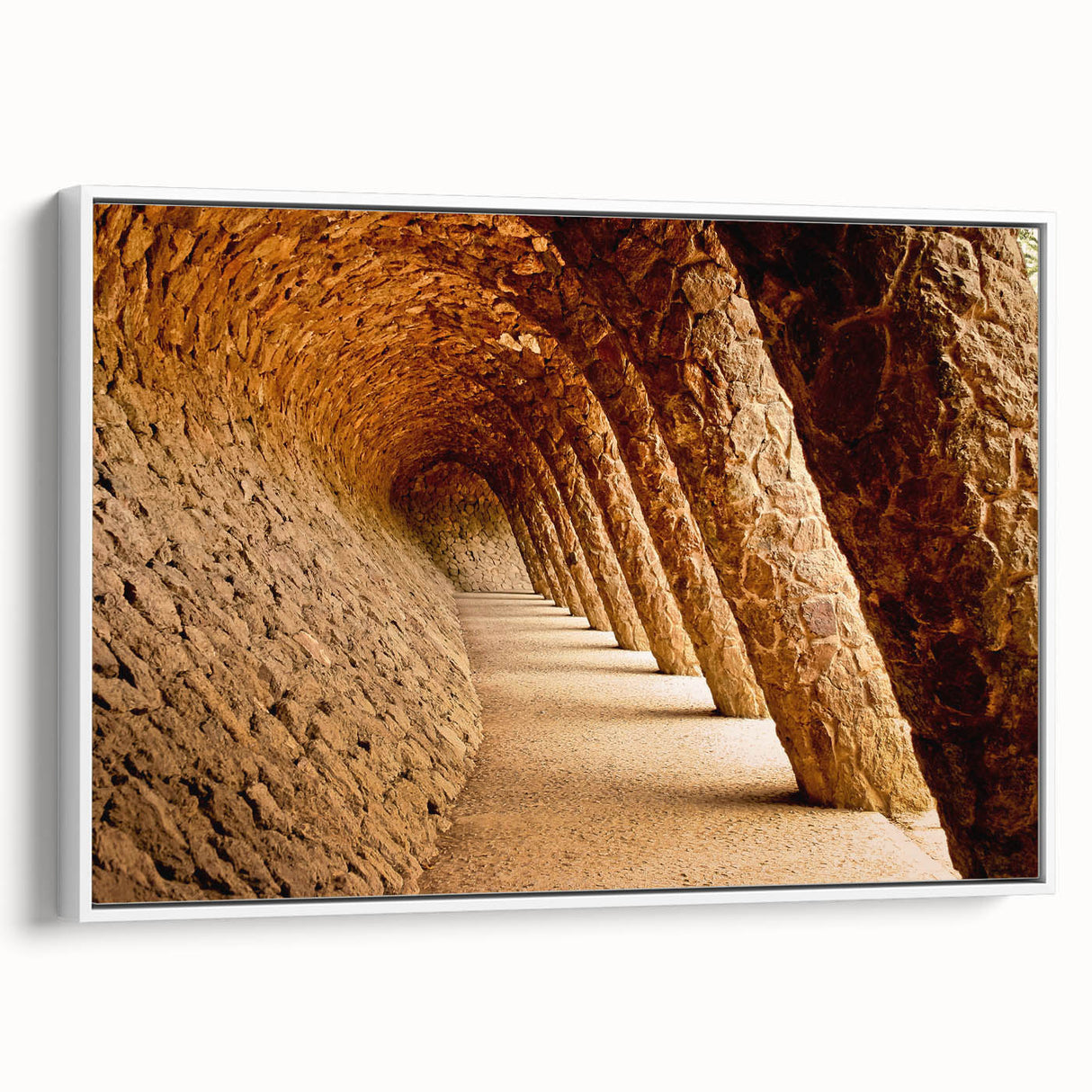 Vintage poster art of Barcelona scenery on extra large framed canvas, featuring colorful art with black accents.