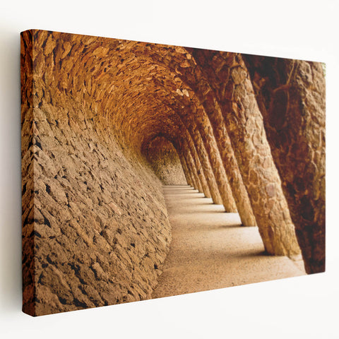 Side view of a stretched canvas depicting the Barcelona skyline in muted earth tones, ideal for kitchen wall art.