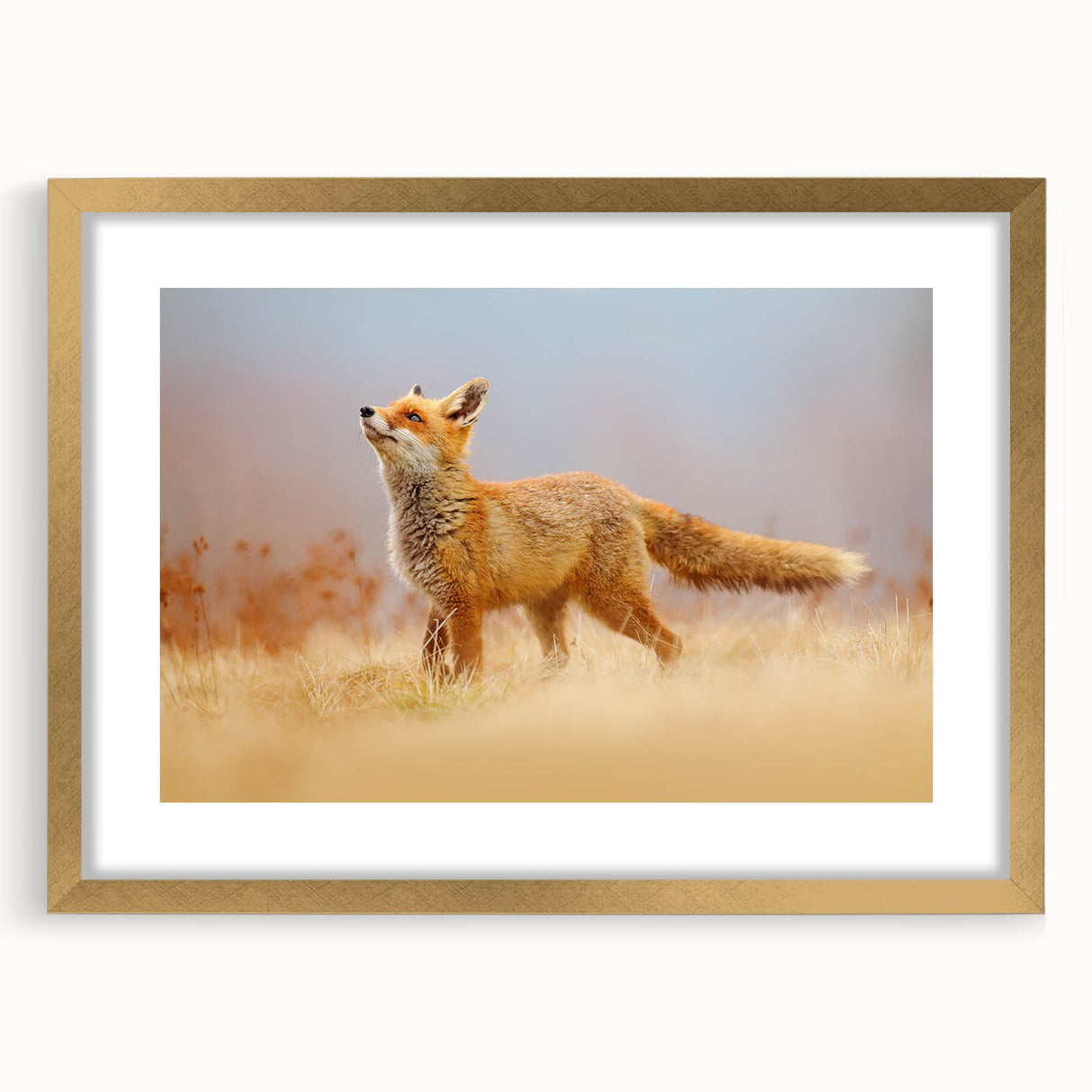 Extra large abstract art print depicting a textured European scenery in muted earth tones, framed in gold.