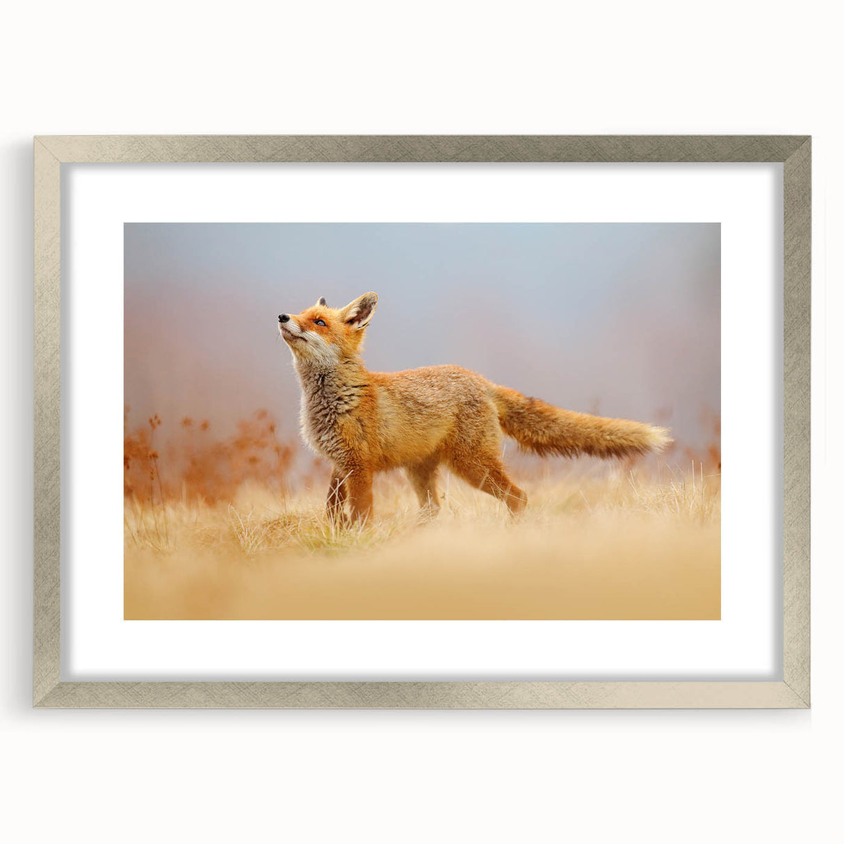 Textured abstract art print depicting a serene Swedish landscape in muted earth tones, framed in silver.