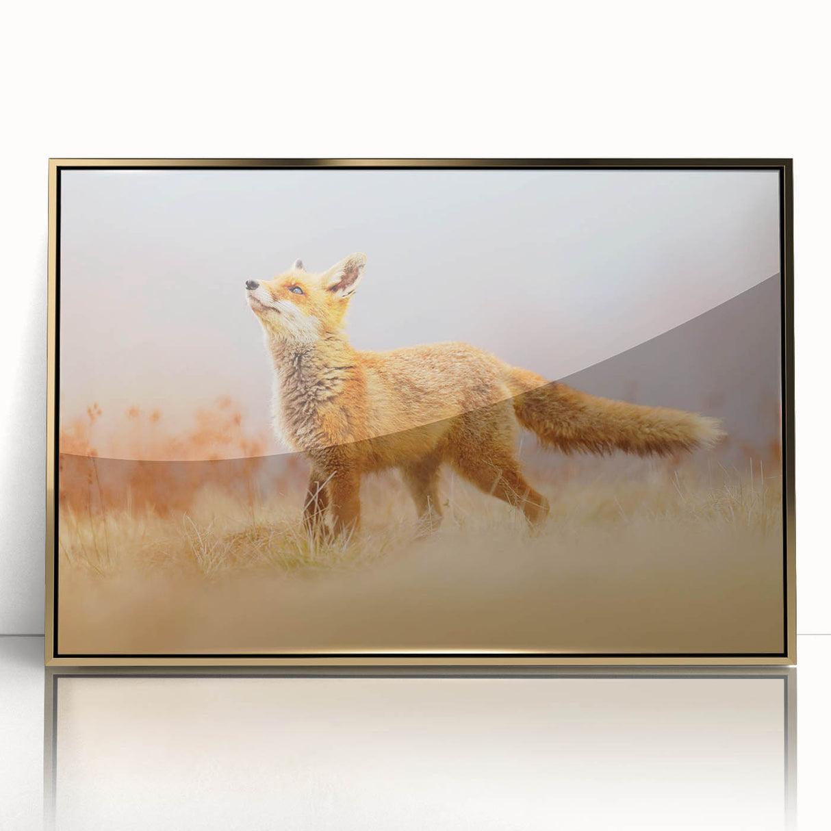 Large art print of a serene Swedish landscape in gold frame, featuring soft pastel hues, ideal for modern nursery wall art.
