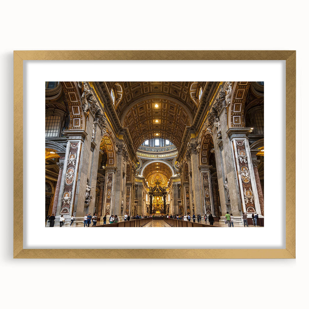 Extra large wall art featuring an abstract print of the Vatican in textured hues of gold and cream, framed with a gold mat.