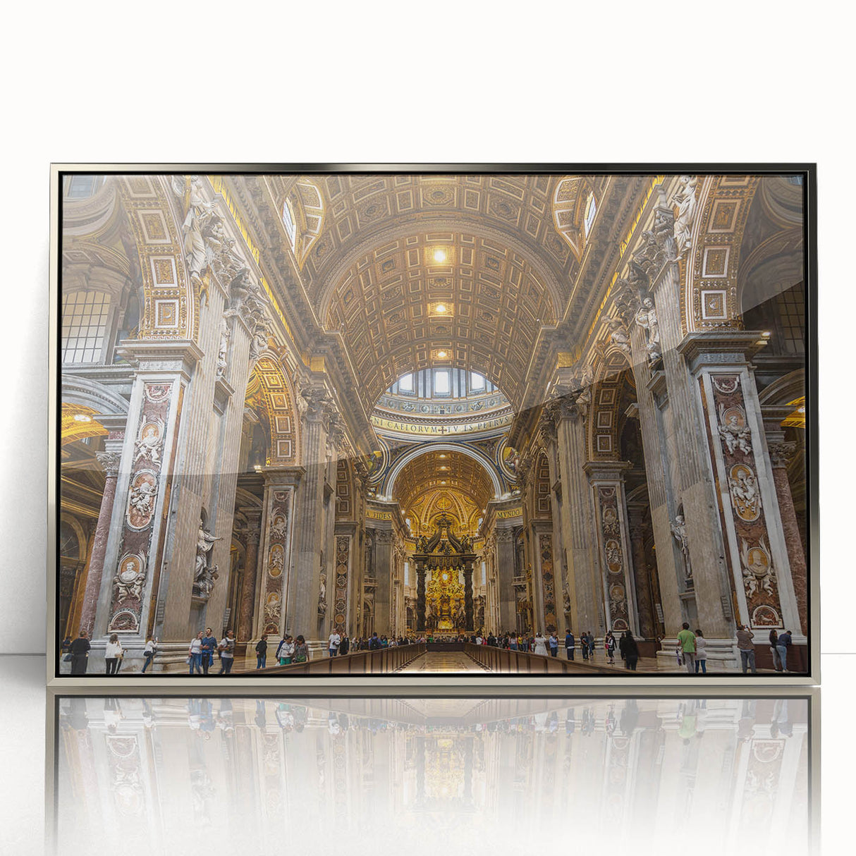 Mid-century modernist art of Vatican scenery in muted earth tones on a silver-framed acrylic, suitable for nursery wall art.