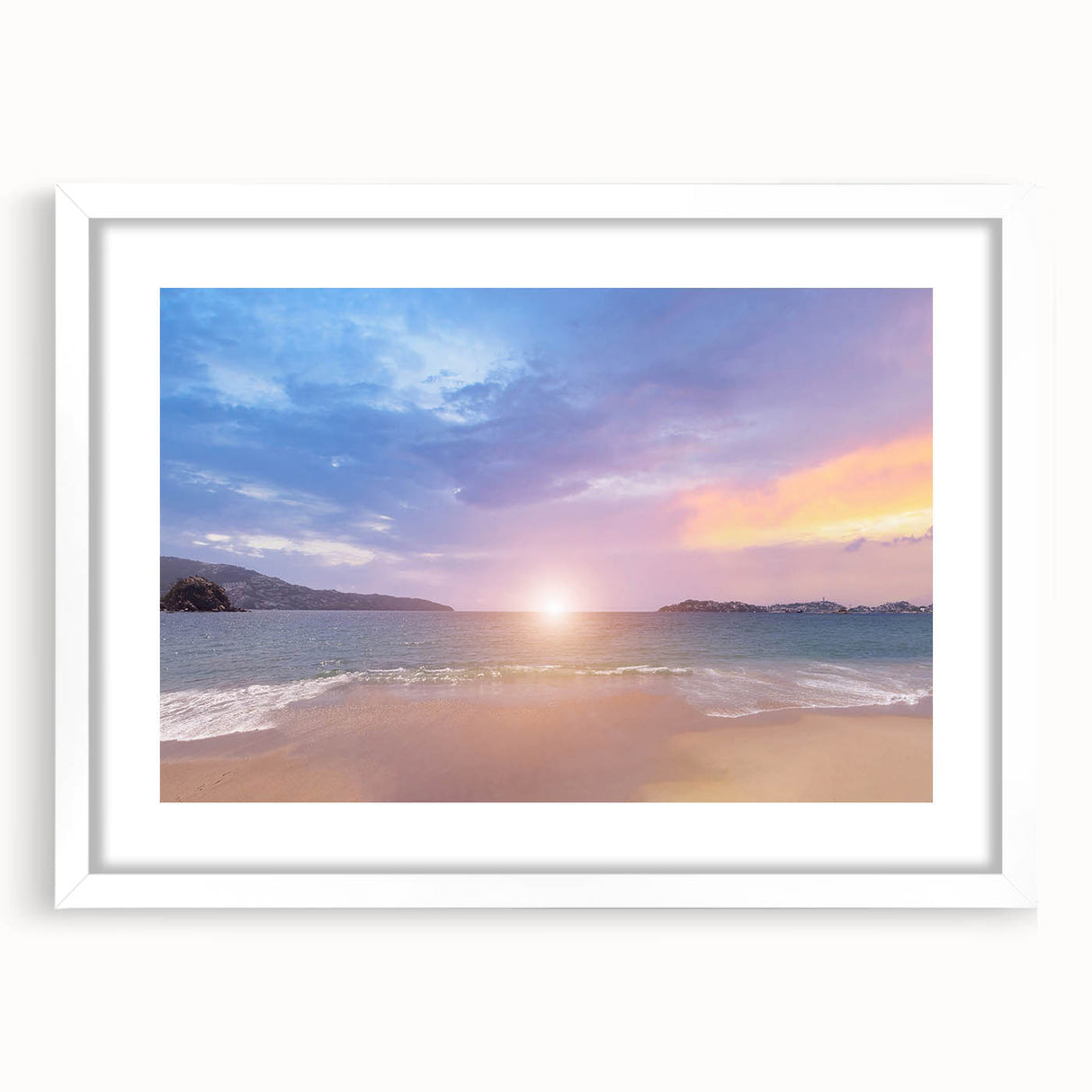 Abstract art print of Acapulco scenery in vibrant blue and green tones, framed with a white mat, ideal for dining room decor.