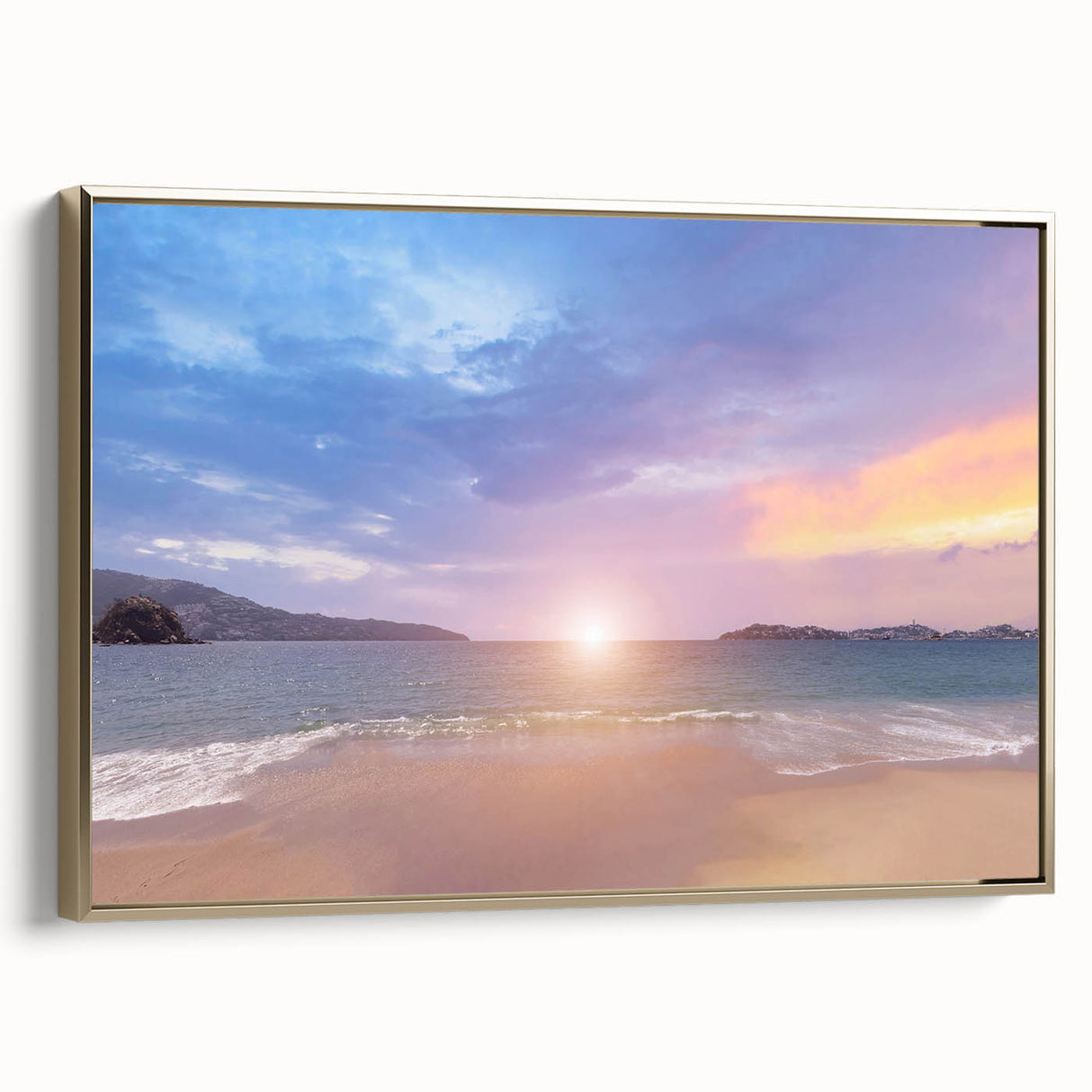 Framed canvas depicting a vintage landscape of Acapulco with black and gold tones, ideal for bedroom wall art.