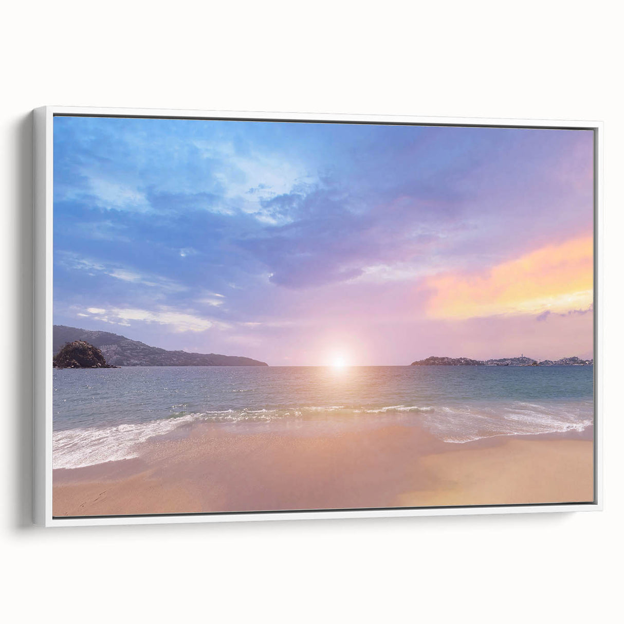 Vintage poster art of Acapulco scenery on a framed canvas, featuring vibrant colors and black accents.