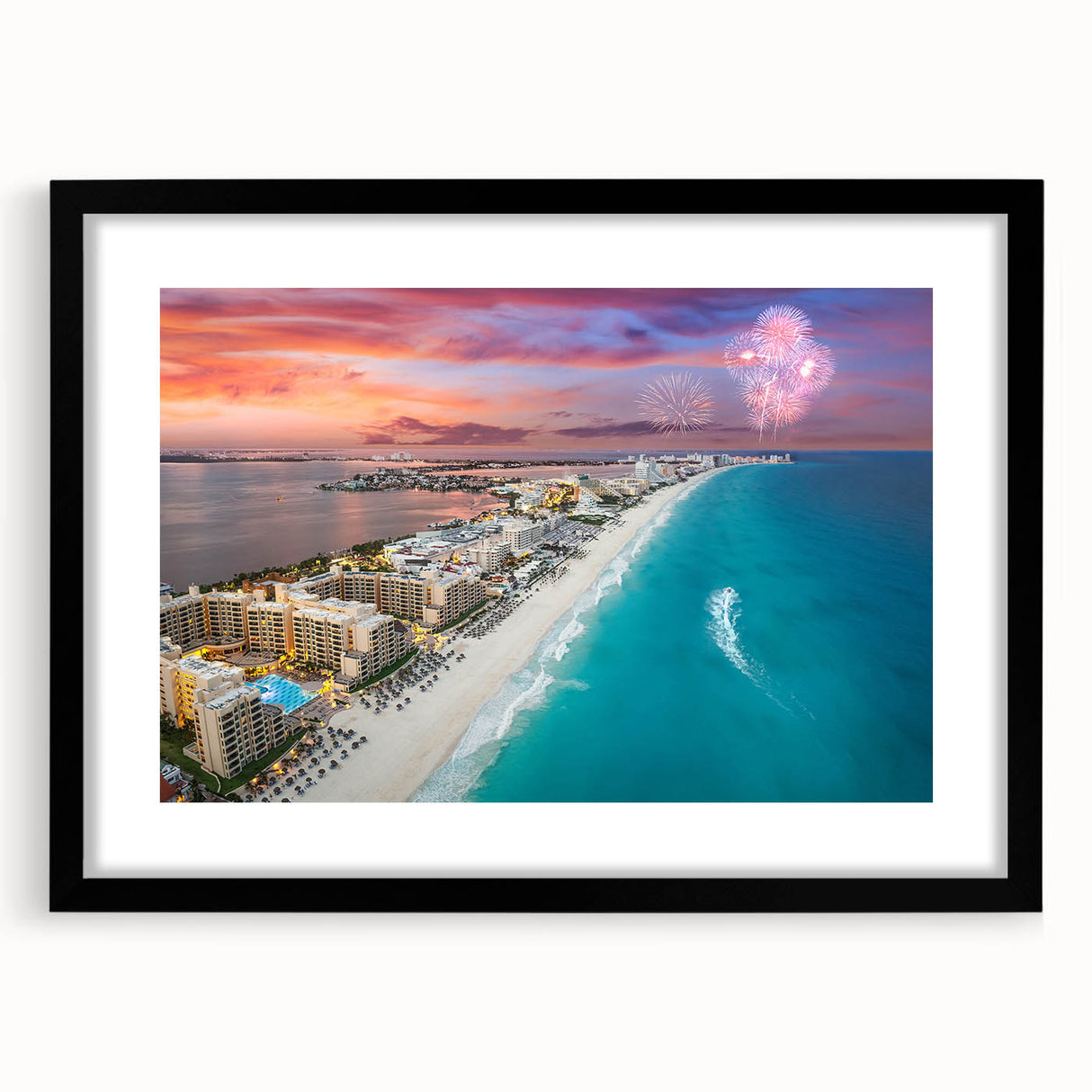 Extra large framed print of abstract Cancun scenery in vibrant colors, perfect for living room decor.