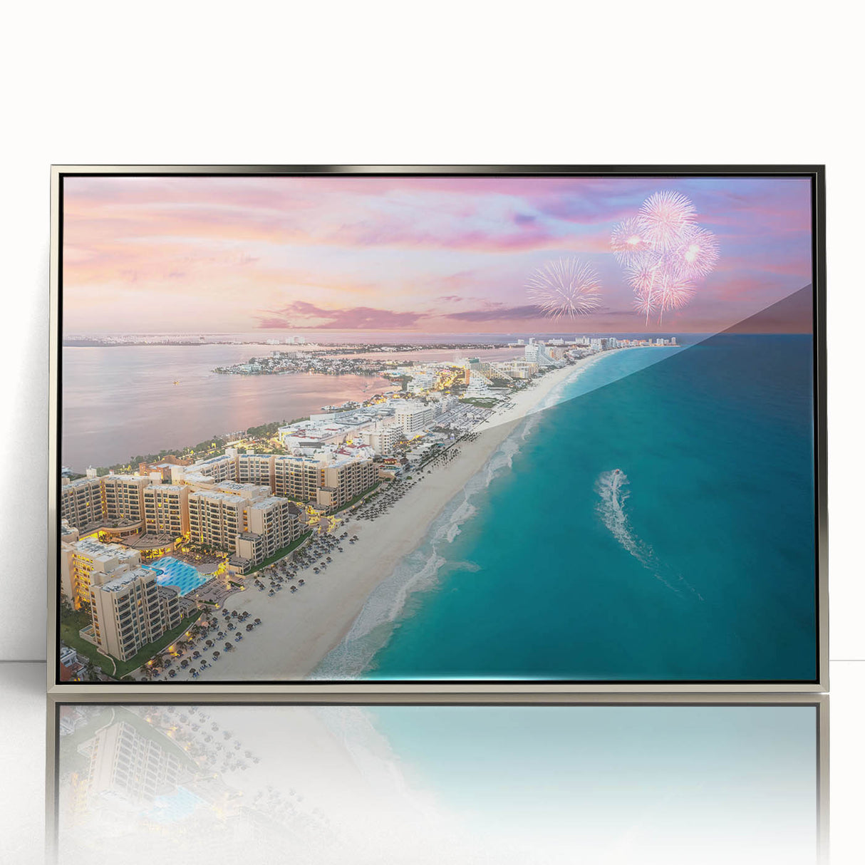 Mid-century modernist art depicting Cancun scenery in silver-framed acrylic, with vibrant blue and green tones.