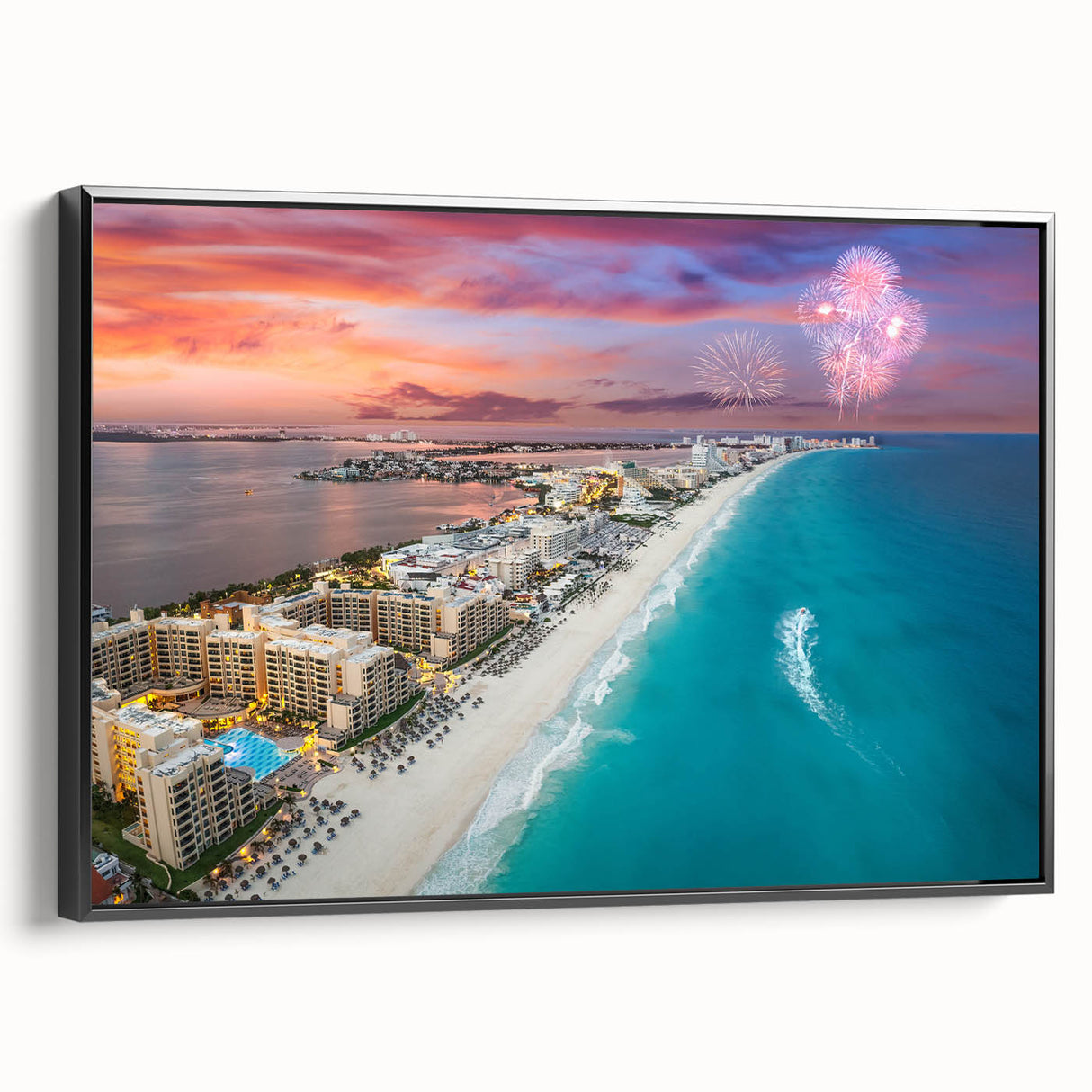 Black and white framed canvas of Cancun landscape, in vintage poster style, ideal for bedroom decor.