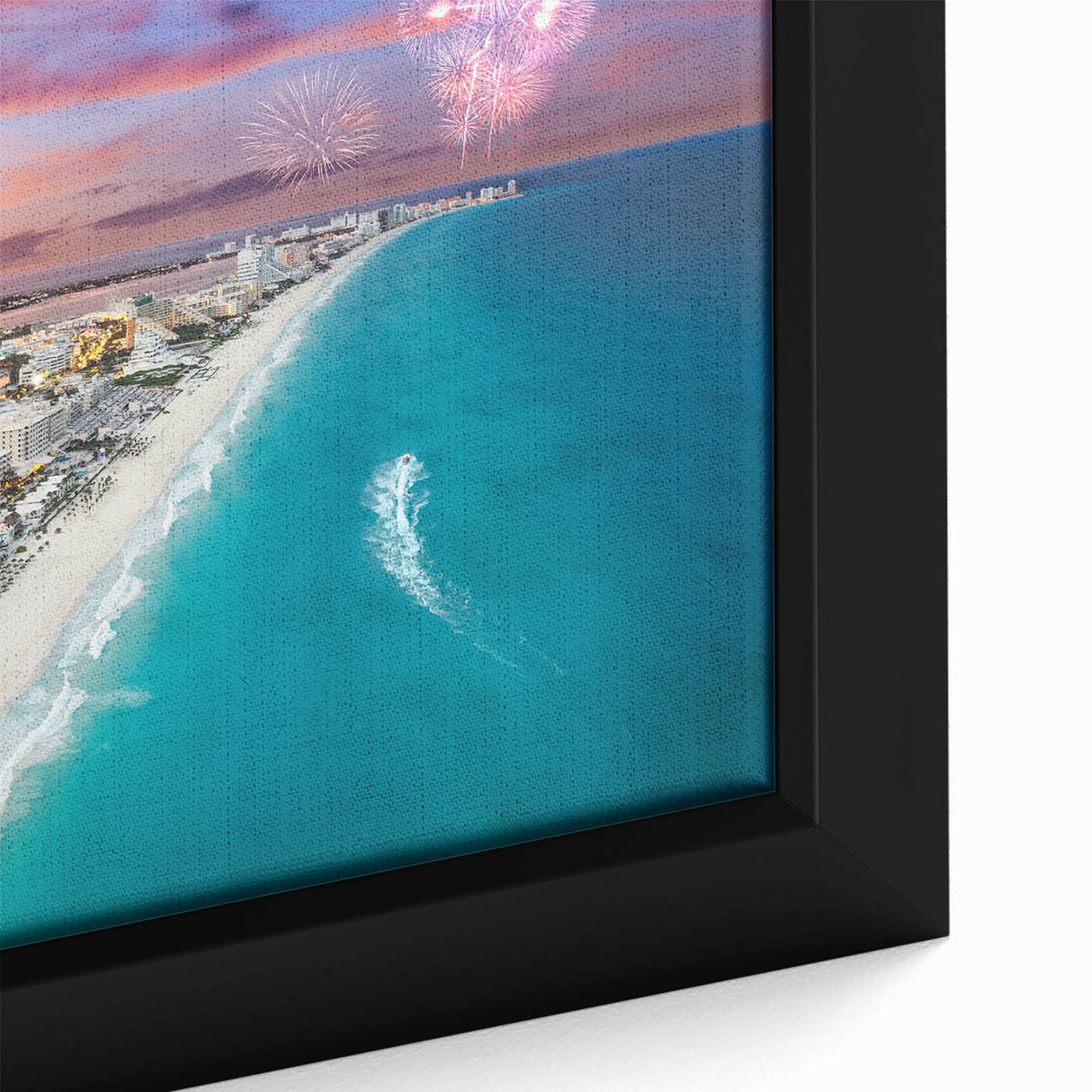 Extra large framed canvas featuring a textured depiction of Cancun scenery in vibrant colors, ideal for living room decor.