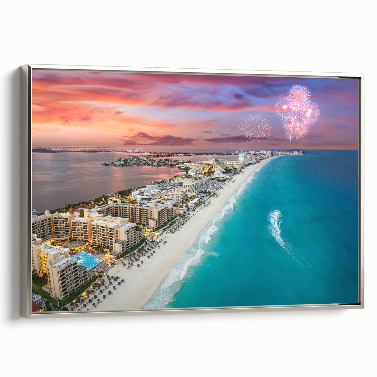Framed canvas landscape art painting depicting colorful Cancun scenery, ideal for adding a vibrant touch to any room.