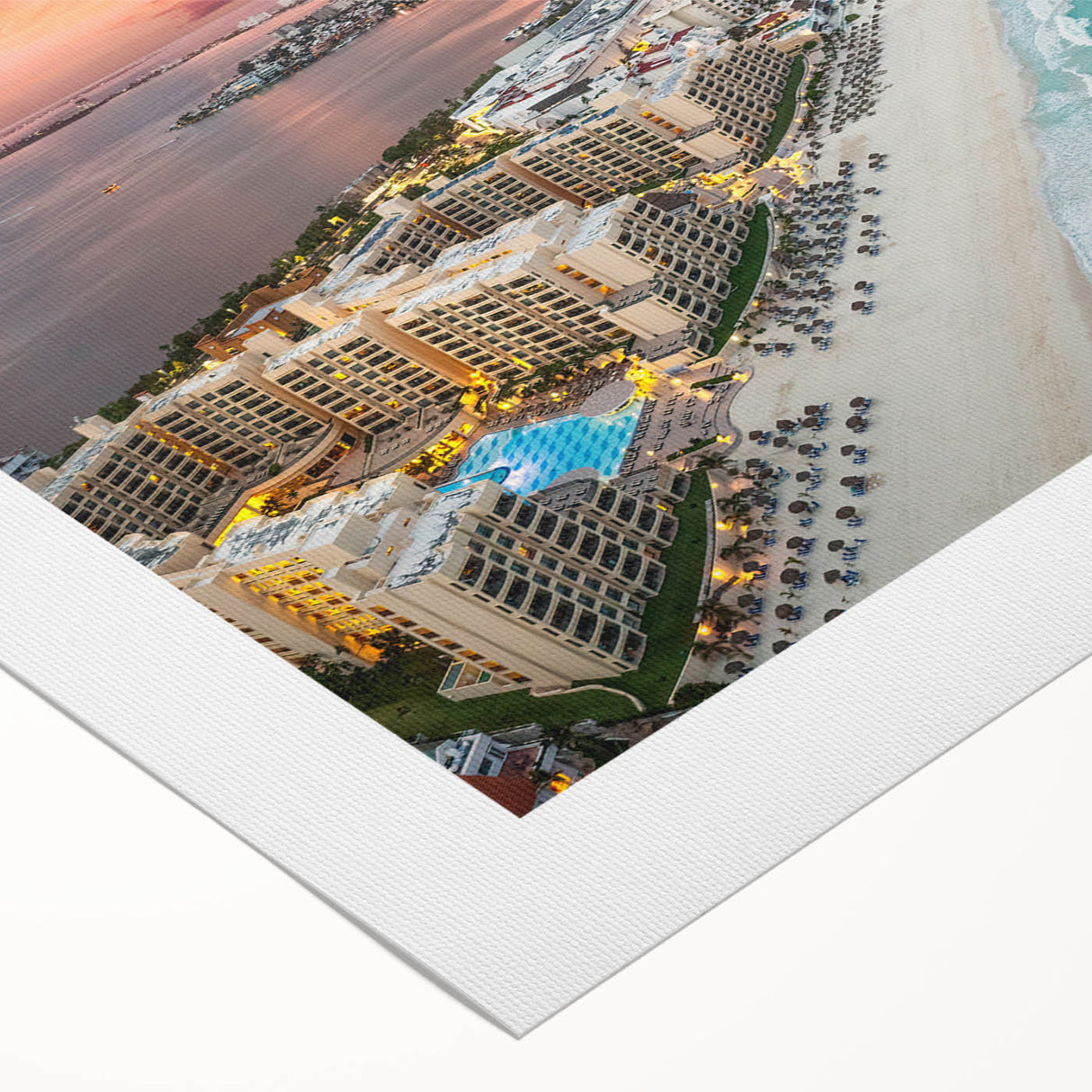 Art deco poster of Cancun scenery with pastel colors on rolled canvas, suitable for dining room wall art.