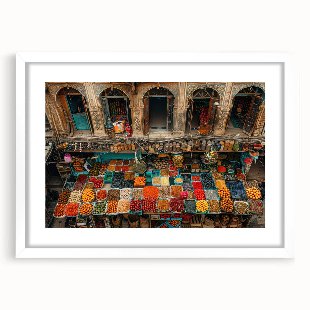 Abstract art print of a Middle Eastern landscape in muted earth tones, framed with a white mat.