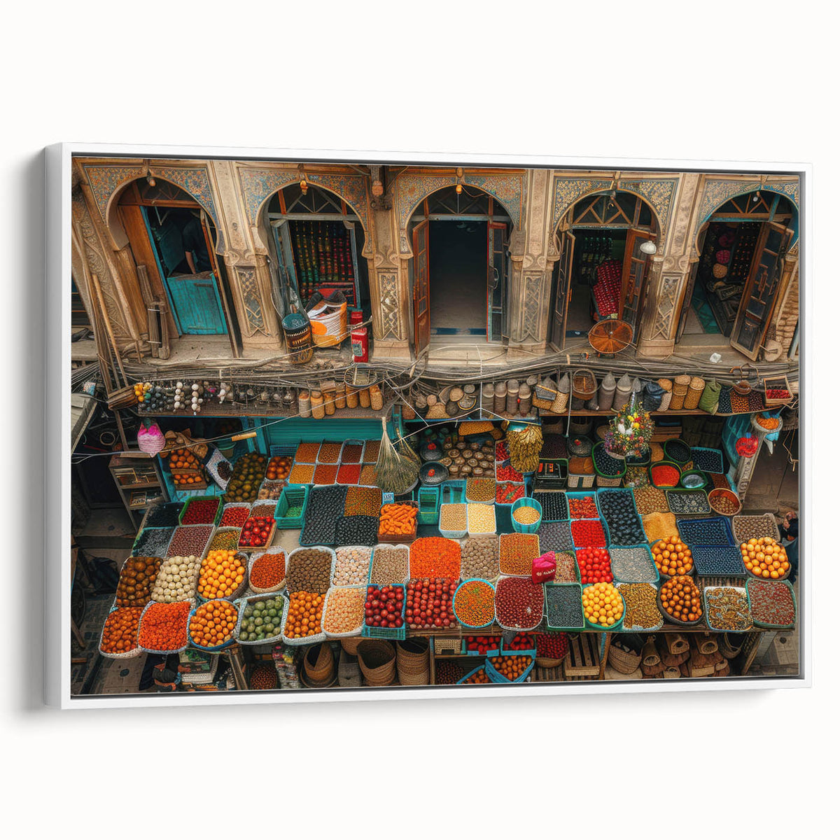 Vintage poster art of a Middle Eastern Afghan scenery on a framed canvas, showcasing colorful art in an extra-large size.