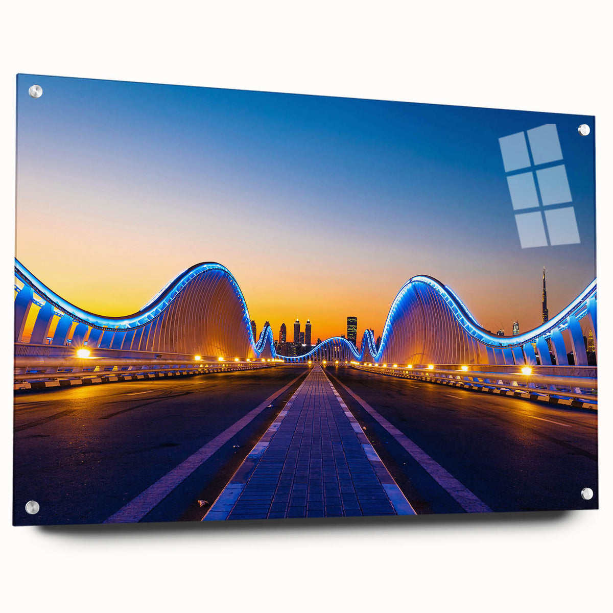 Acrylic print of Dubai skyline at dusk, in muted gray and blue tones, suitable for bedroom or dining room decor.