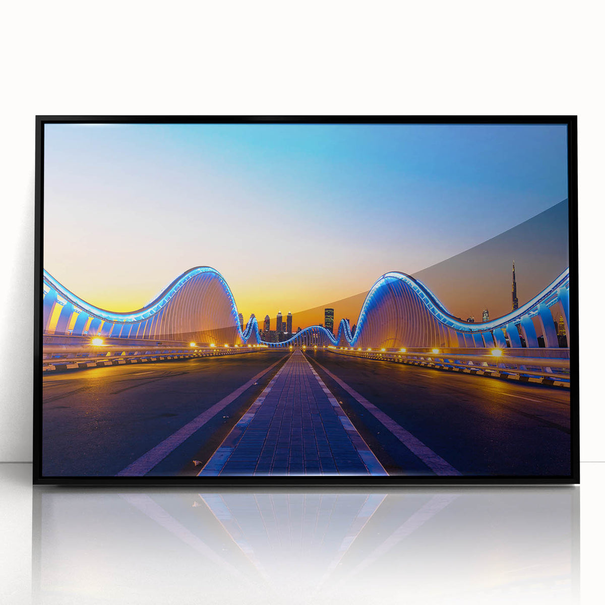 Large abstract wall art depicting Dubai's skyline in muted gray and blue tones on a framed acrylic.
