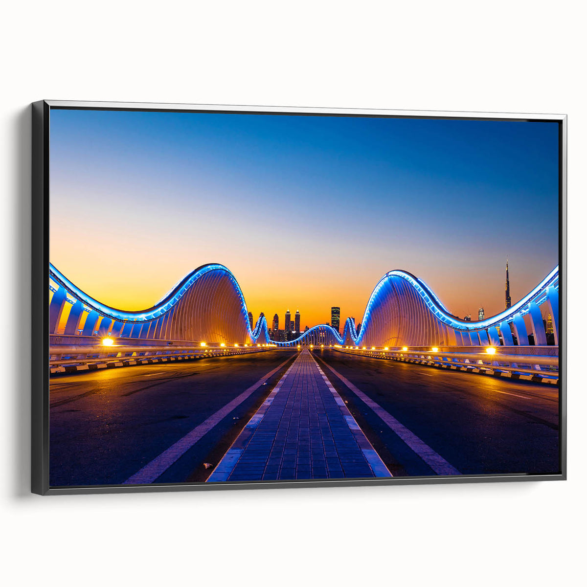 Black and white framed canvas of Dubai skyline, ideal for bedroom wall art with a vintage poster style.