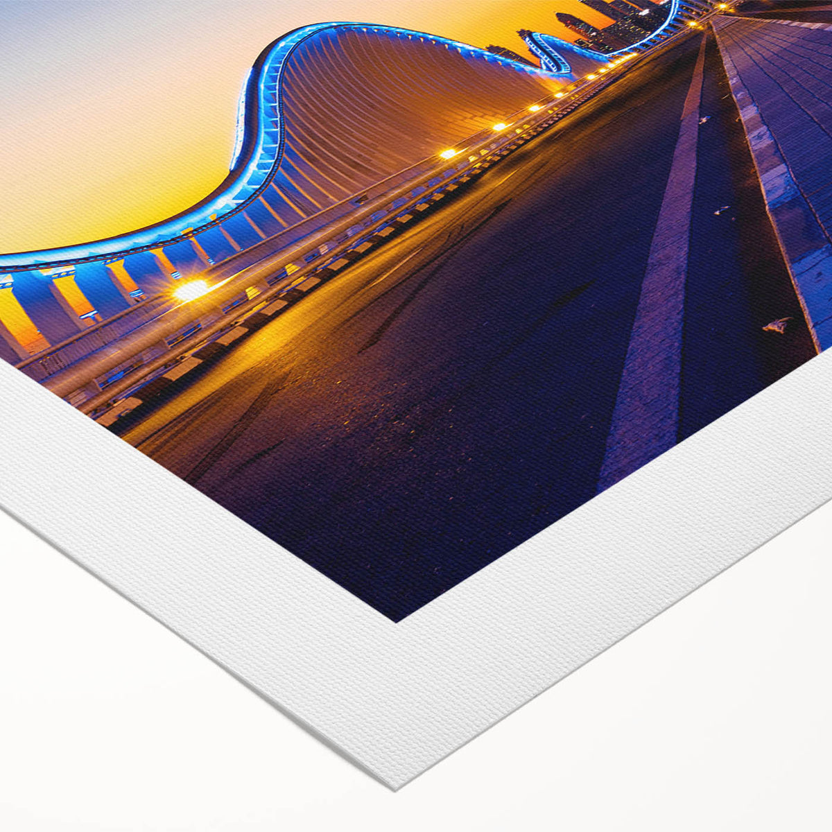 Art deco poster of Dubai skyline in muted gold and blue tones on rolled canvas, suitable for dining room wall art.