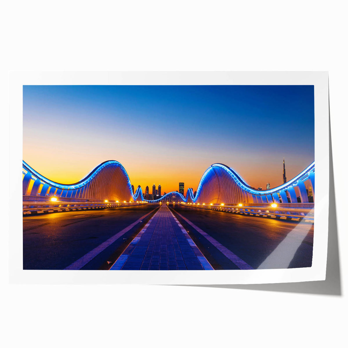 Rolled print of Dubai skyline with muted earth tones, ideal for art wall dining room.