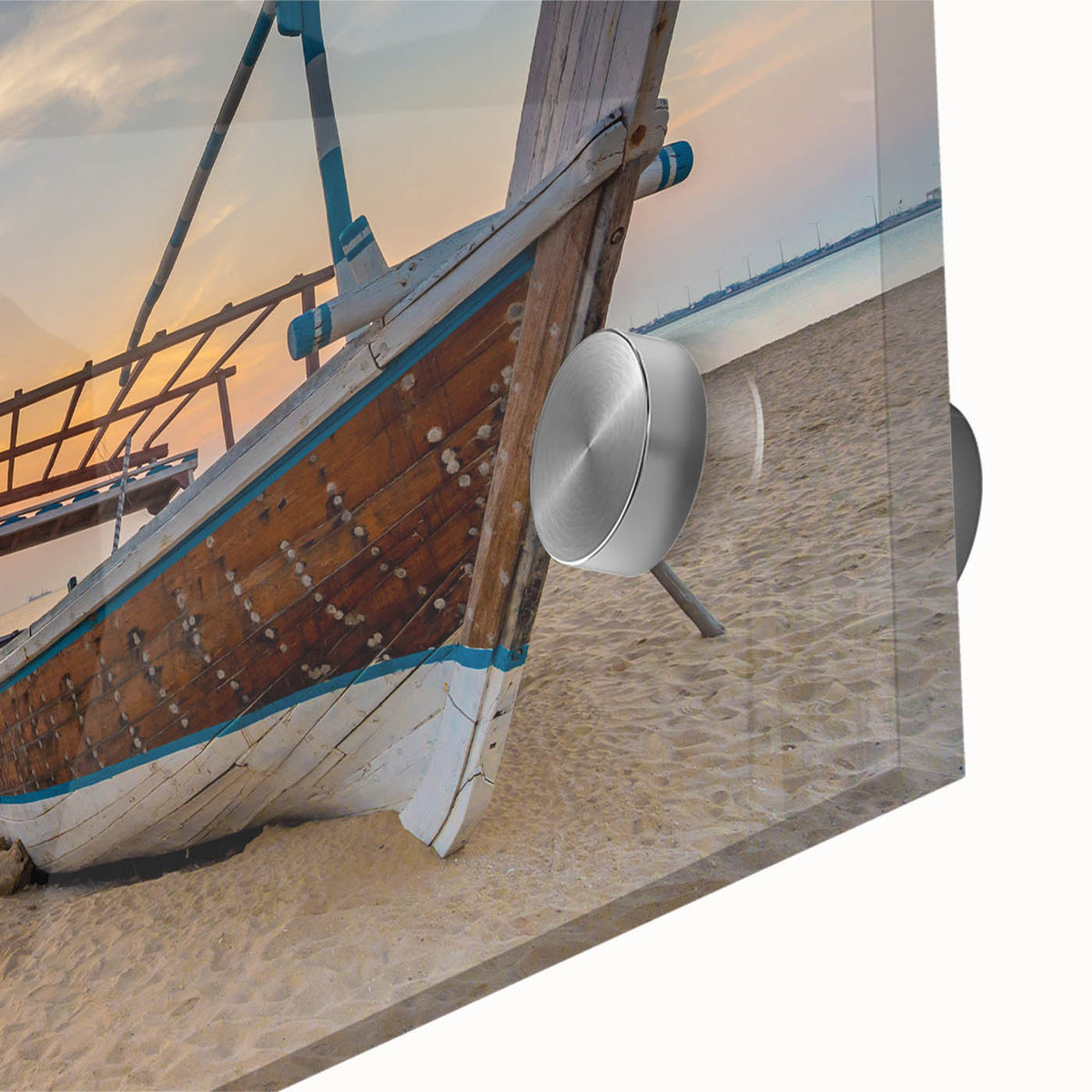 Large abstract wall art of Qatar scenery in mid-century modernist style on acrylic glass, ideal for dining room art.