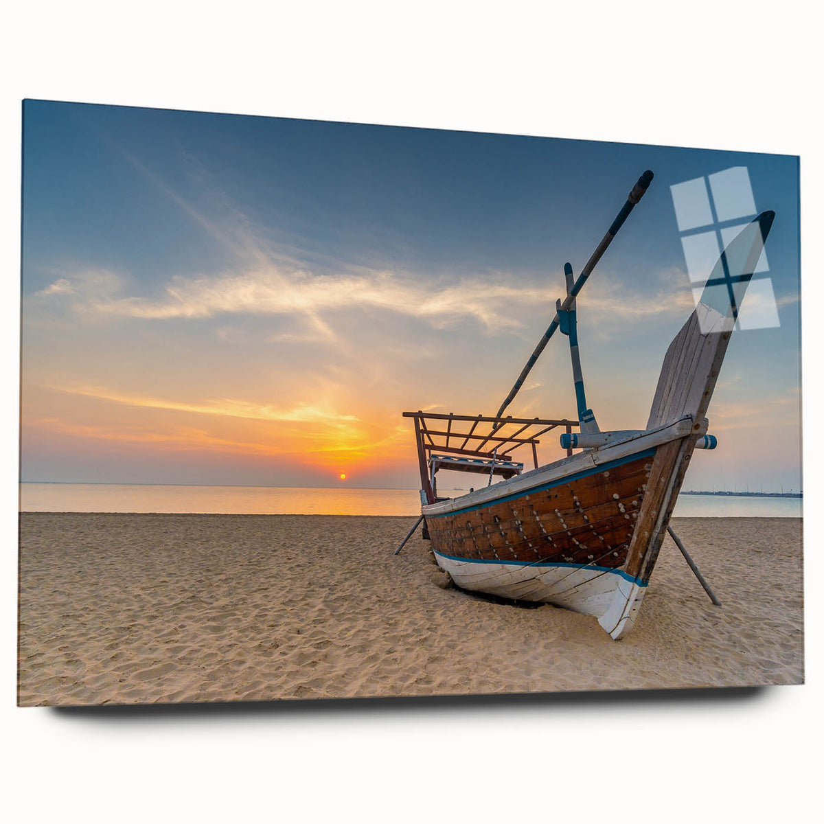Acrylic print of a large abstract depiction of Qatar scenery in muted earth tones, suitable for bedroom or dining room decor.