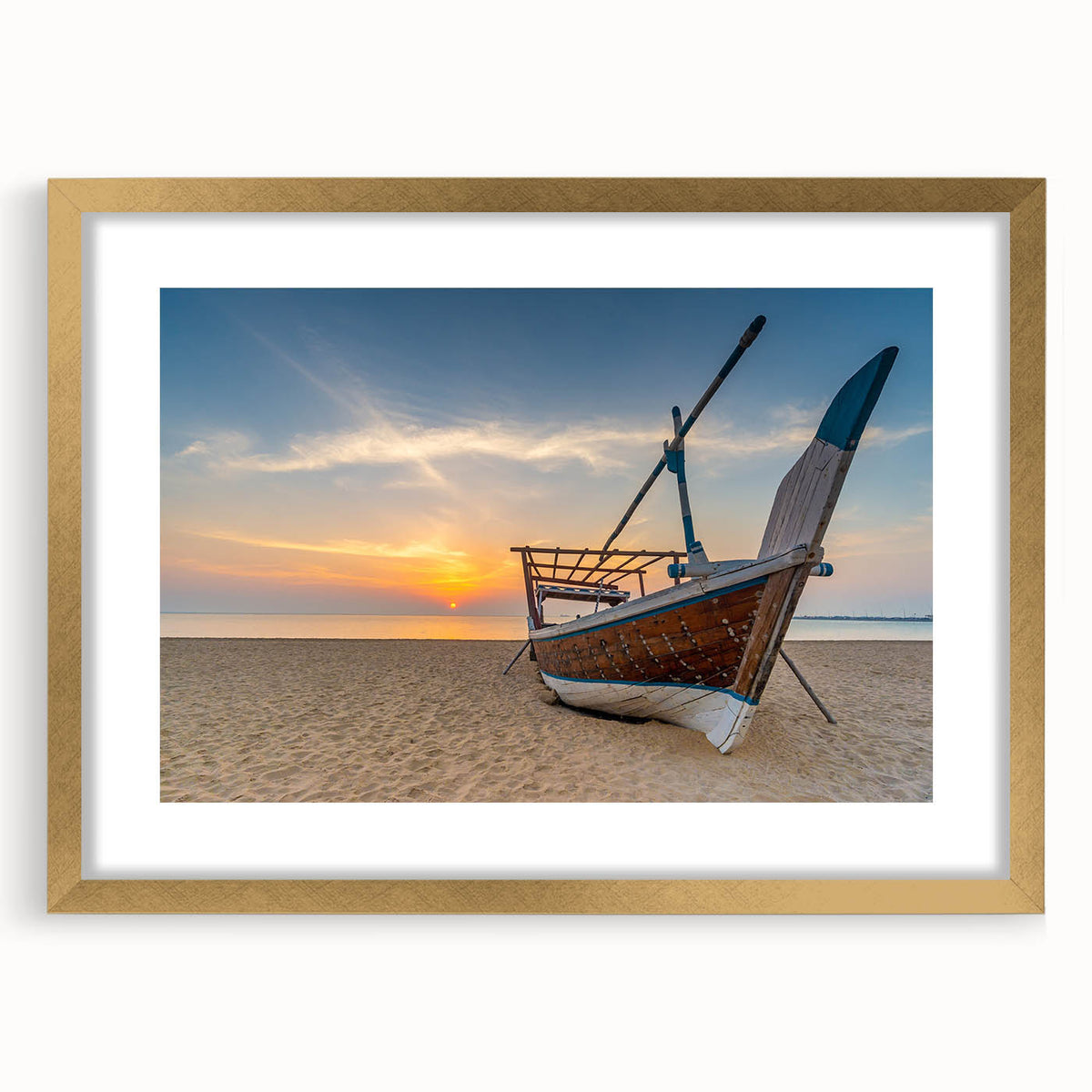 Extra large abstract art print of a Middle Eastern scenery in gold frame, featuring textured brush strokes.