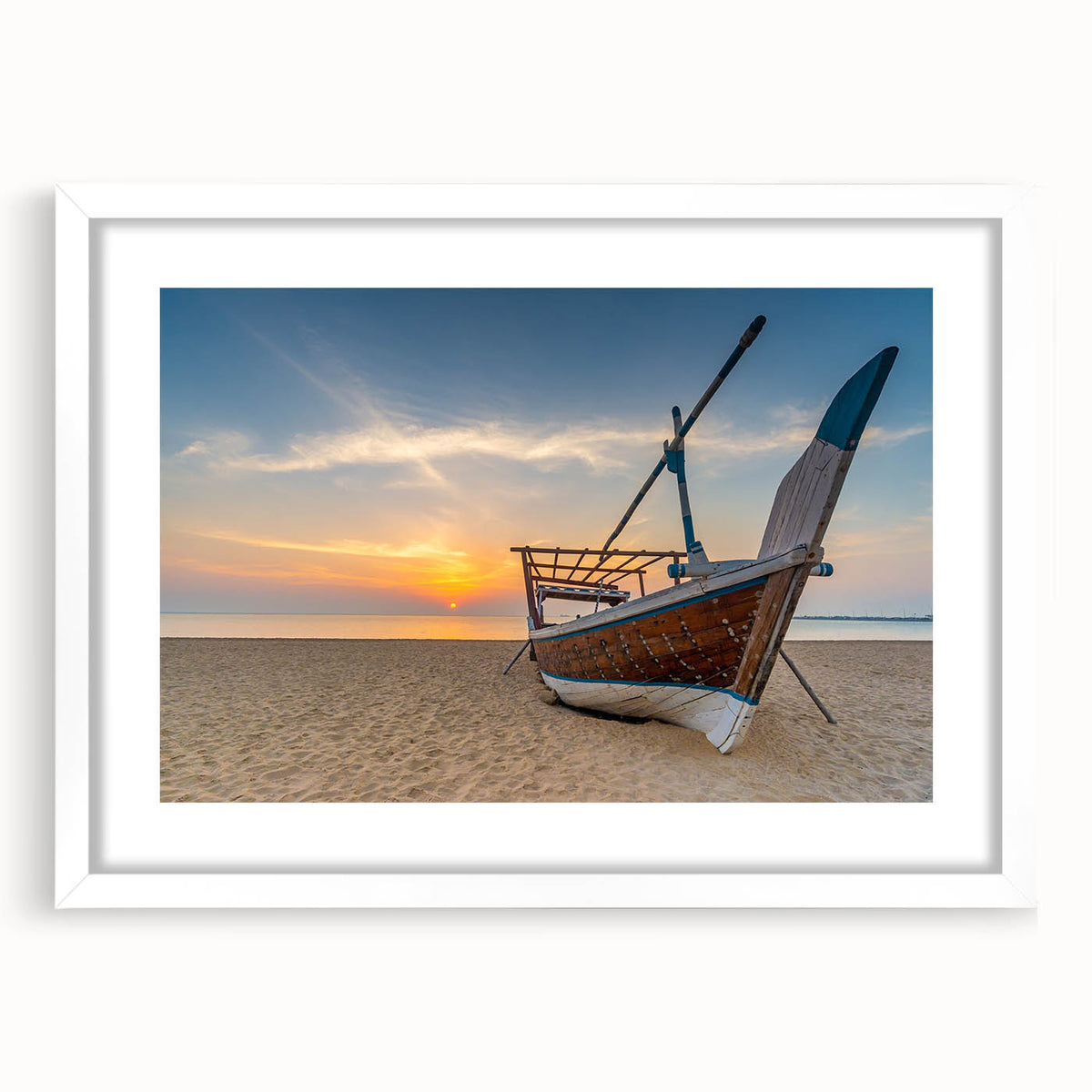Abstract art print featuring a stylized Qatar scenery in muted earth tones on a white-framed canvas.