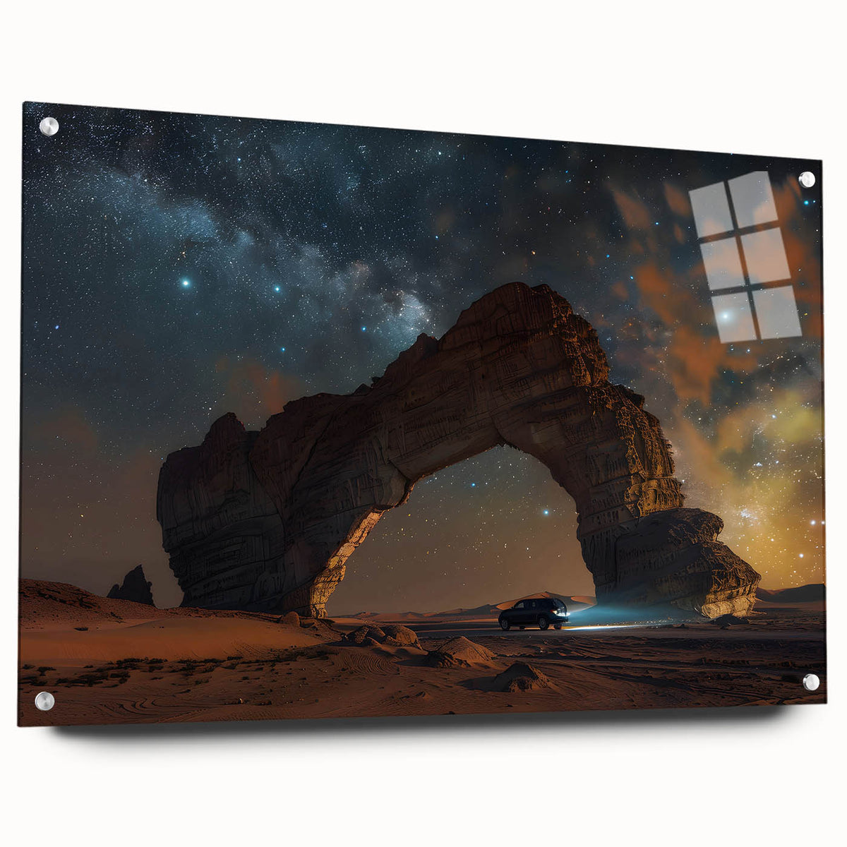 Acrylic print of a Middle Eastern desert landscape in subdued earth tones, suitable for bedroom or dining room decor.