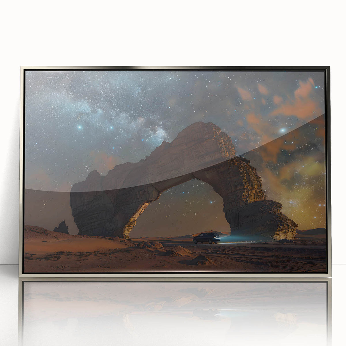 Mid-century modernist art depicting a serene Saudi Arabian landscape in muted earth tones, framed acrylic.