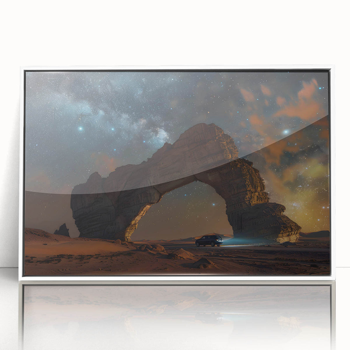 Acrylic print of Saudi Arabian landscape in muted earth tones, framed in white, suitable for modern art wall decor.