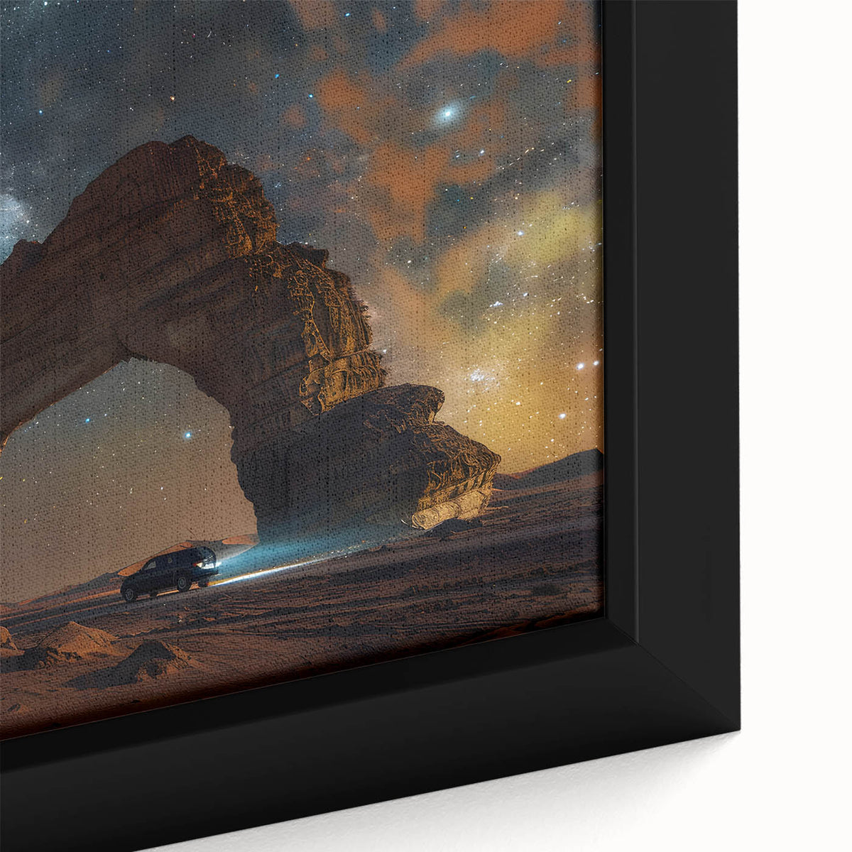 Extra large black wall art featuring a textured, colorful Saudi Arabian scenery on a framed canvas.