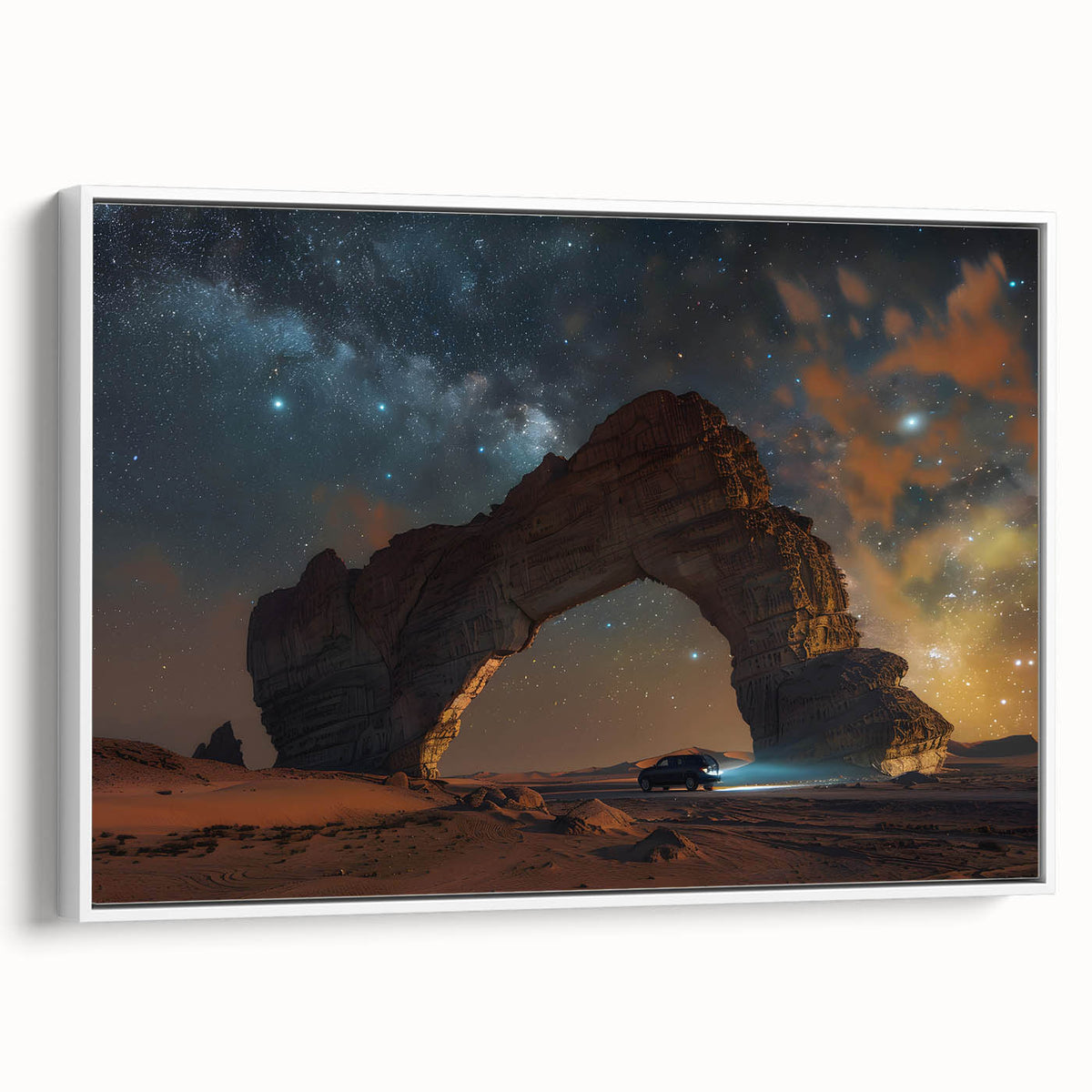 Framed canvas vintage poster art of a Middle Eastern desert scene in muted earth tones, ideal for living room decor.