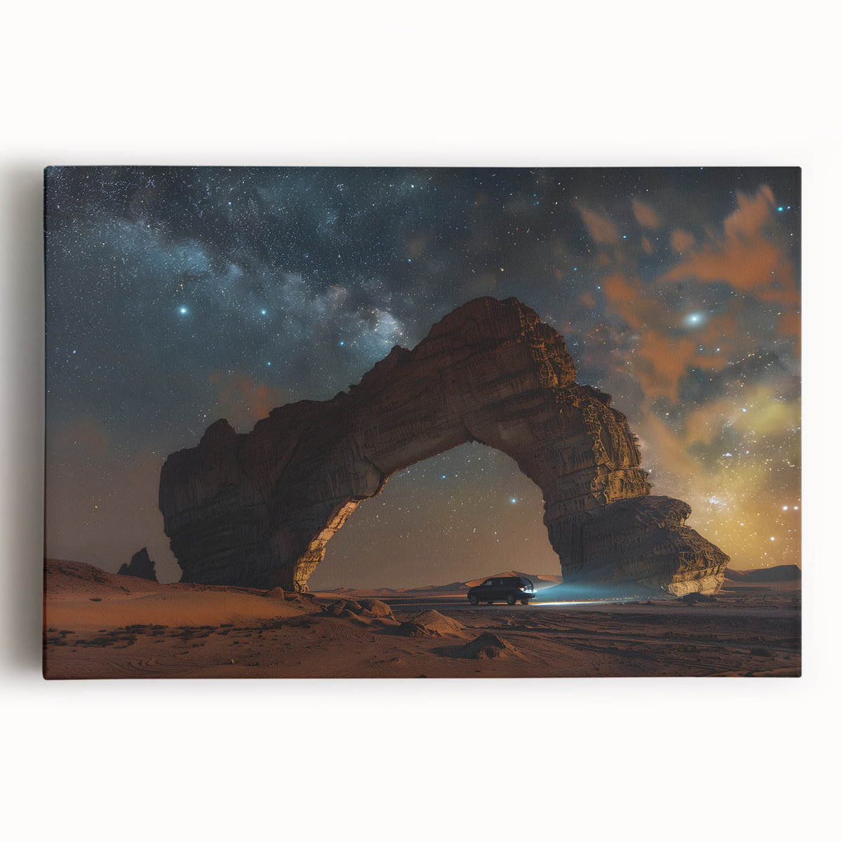 Black and white stretched canvas of Saudi Arabian scenery, ideal for kitchen wall art.