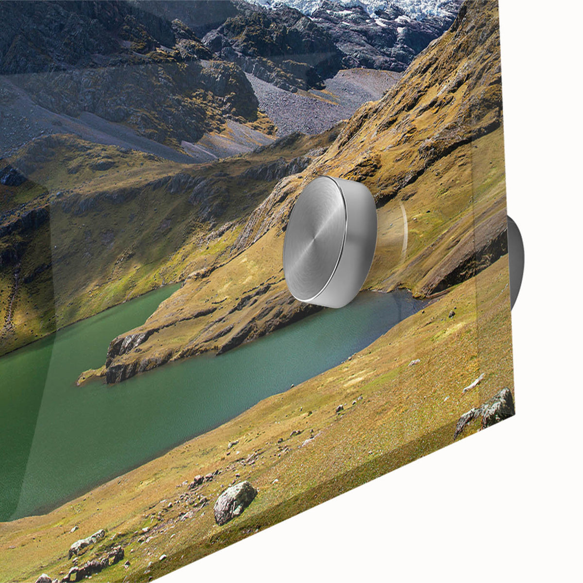 Large abstract wall art depicting a Peruvian landscape in acrylic glass, with earth tones, ideal for dining room ambiance.
