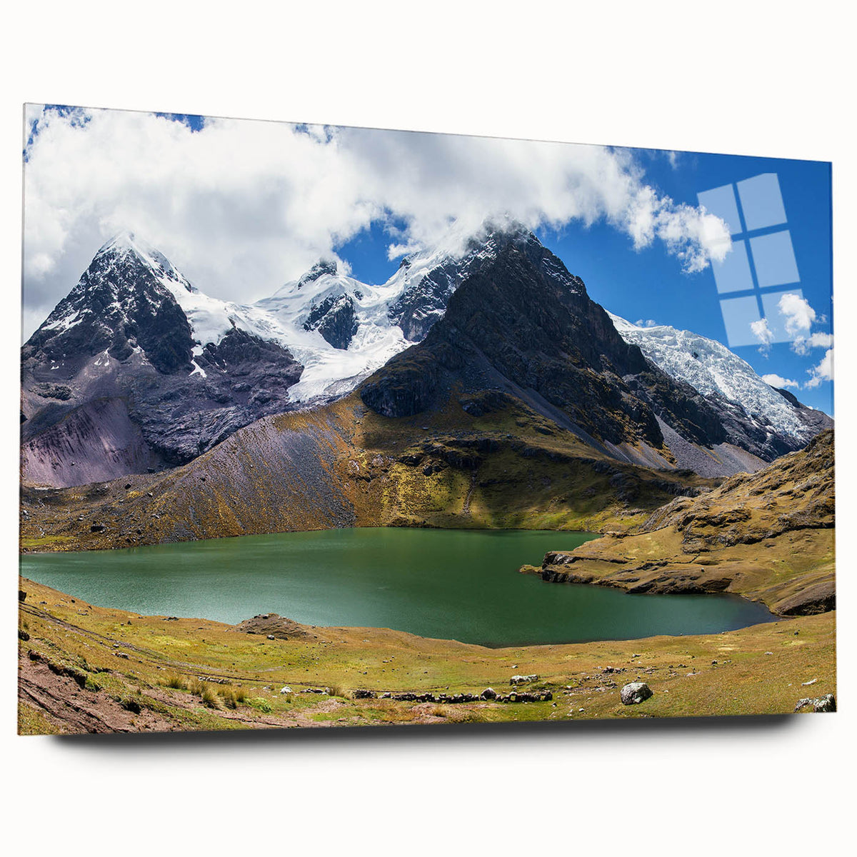 Acrylic print of a large abstract depiction of a South American scenery in earthy tones.