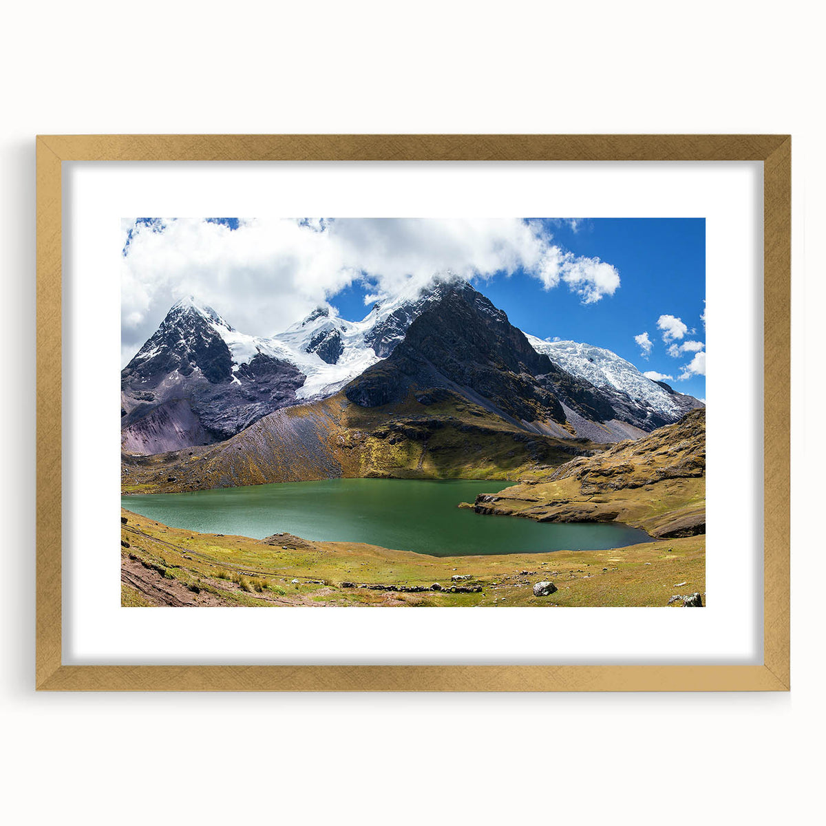 Extra large abstract art print depicting a textured scene of South American landscapes in muted earth tones, framed in gold.