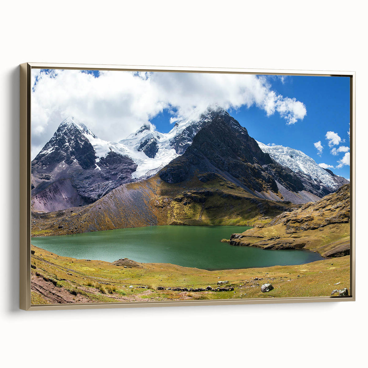 Framed canvas depicting a vintage-style landscape of a Peruvian scene, with muted earth tones, ideal for bedroom wall art.