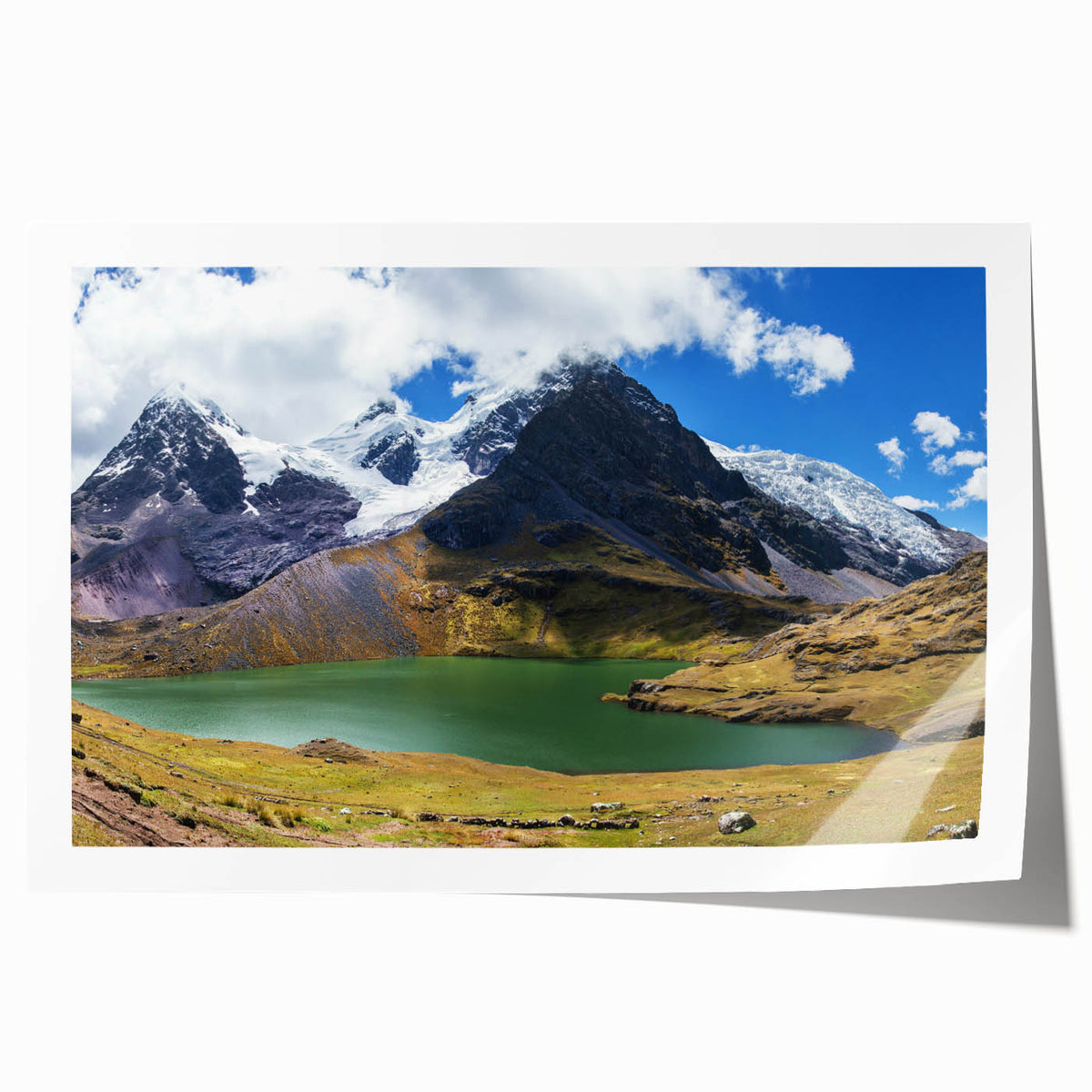 Extra large rolled print depicting a Peruvian landscape with vibrant green and earth tones, ideal for dining room wall art.