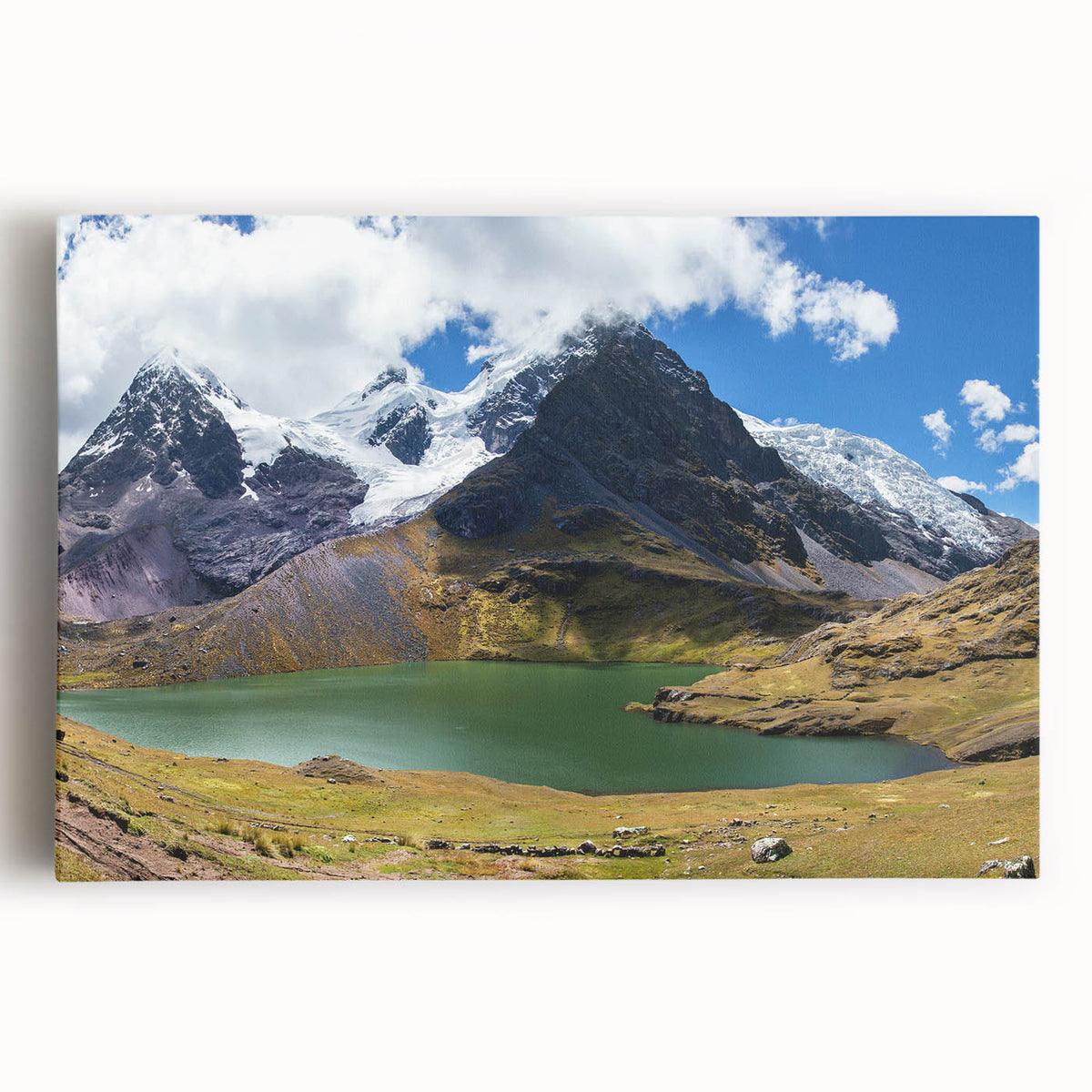 Black and white stretched canvas of a Peruvian landscape, ideal for kitchen wall art.