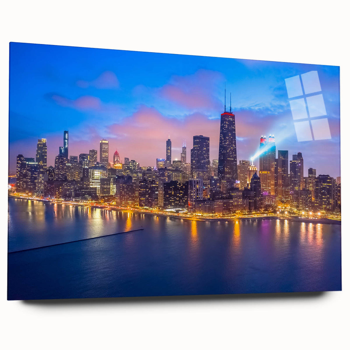 Acrylic print of a large abstract depiction of the Chicago skyline in muted blue and gray tones.