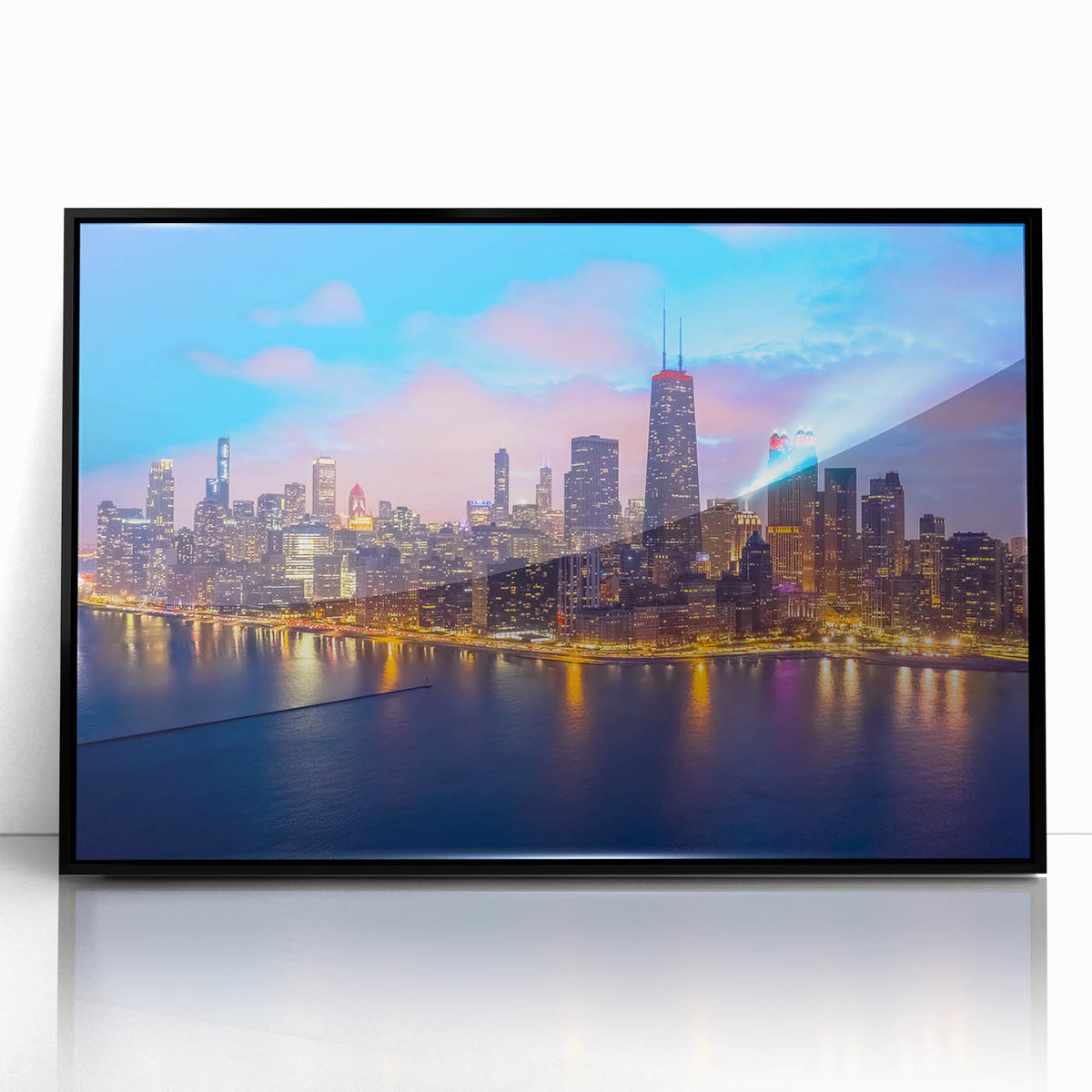 Large abstract wall art depicting Chicago skyline in muted gray and blue tones on framed acrylic.