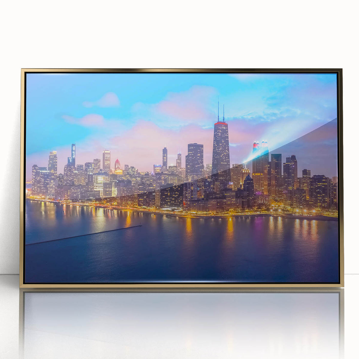Framed acrylic print of Chicago skyline in muted gold tones, ideal for modern art wall decor.