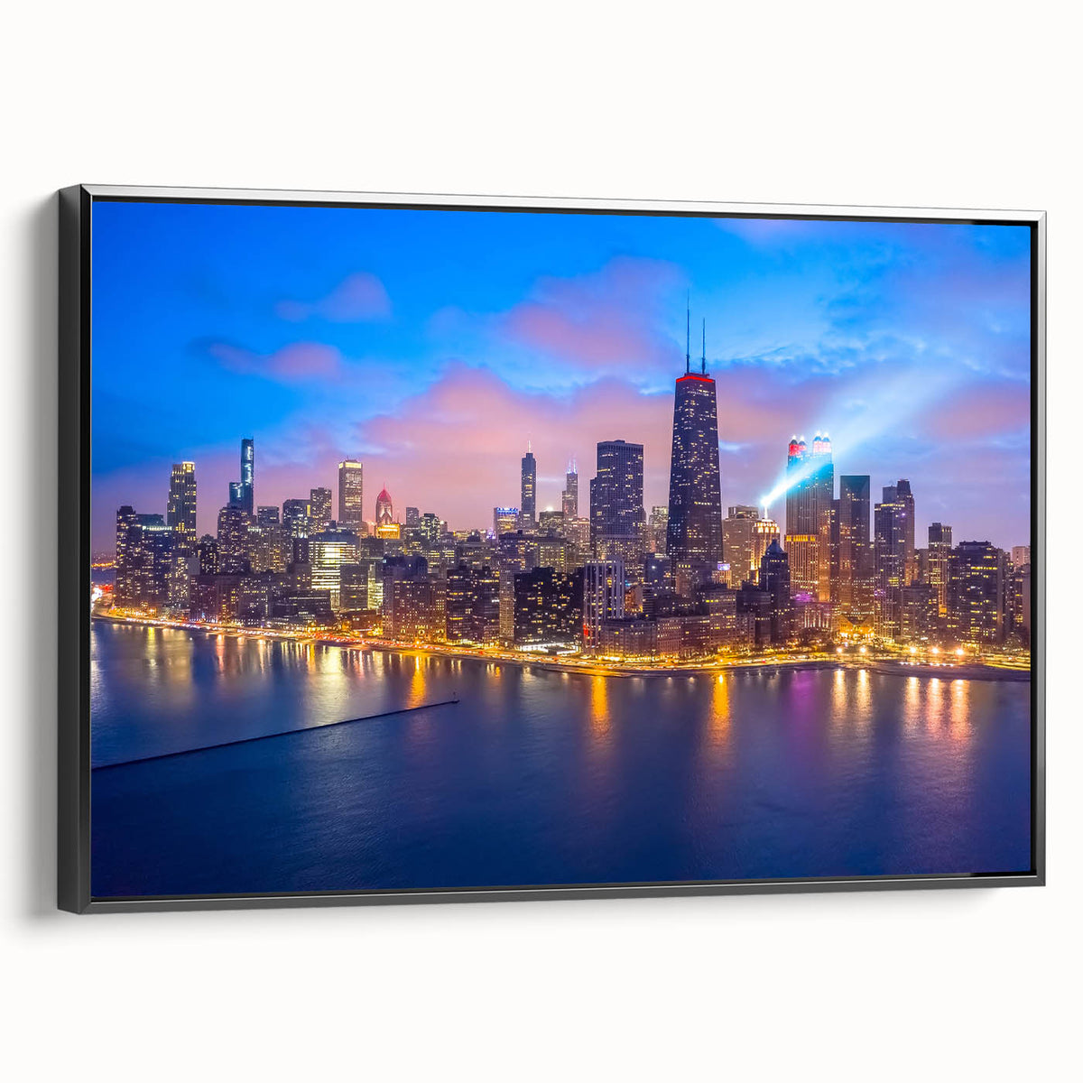 Black and white framed canvas of Chicago skyline, ideal for bedroom wall art with a vintage poster style.