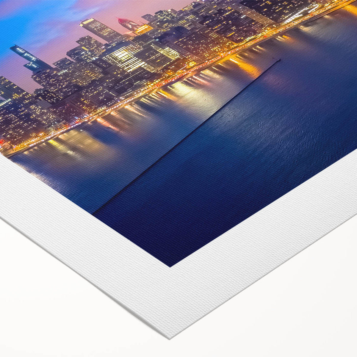 Art deco poster of Chicago skyline in muted blue tones on rolled canvas, suitable for dining room wall.