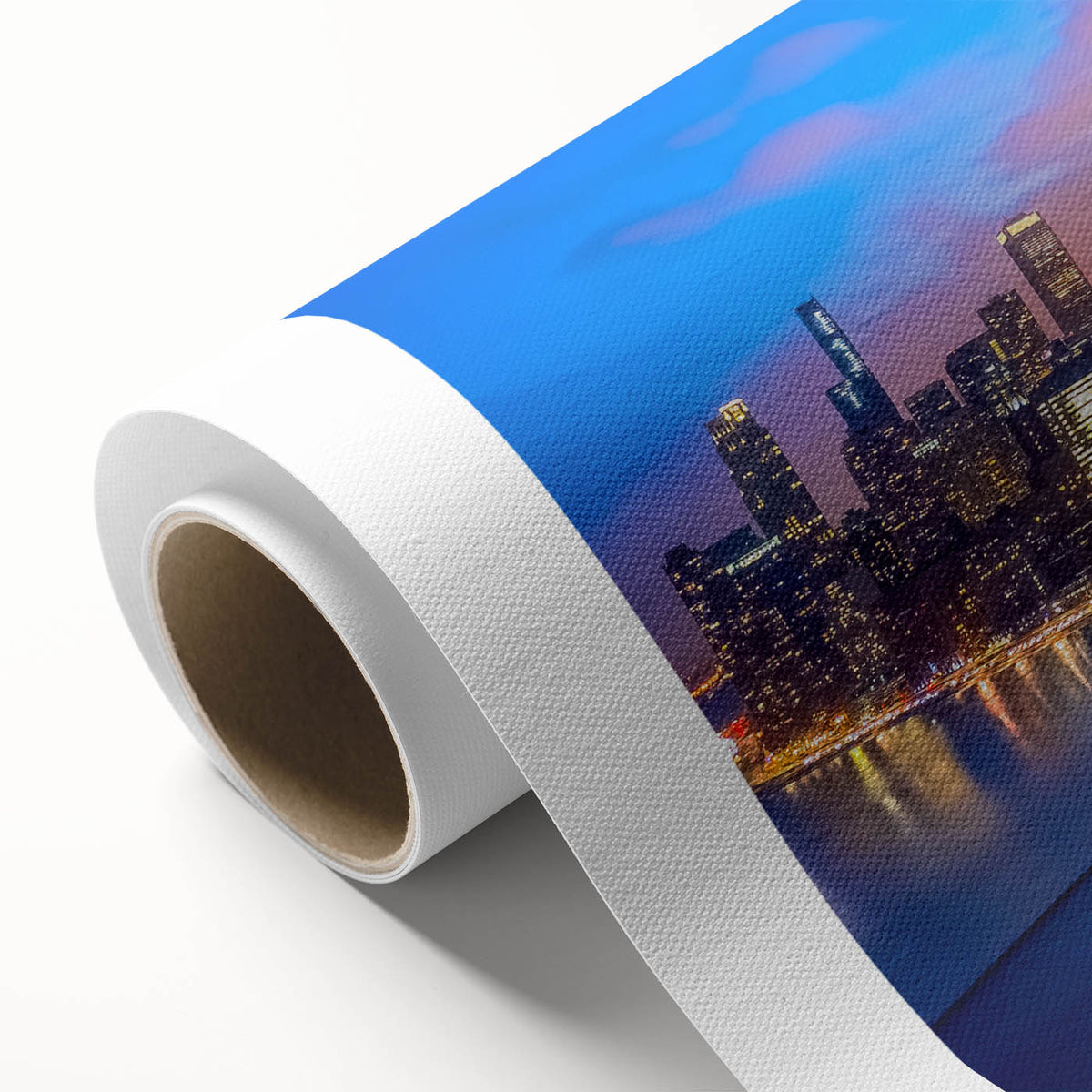 Art Deco style poster of Chicago skyline in muted blue tones on rolled canvas, ideal for nursery wall art.