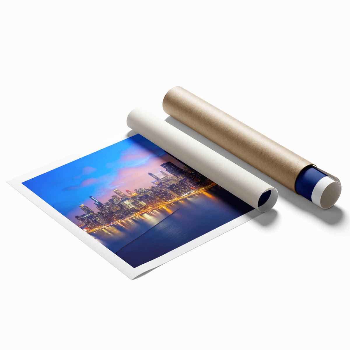 Extra large rolled print of Chicago skyline with muted blue and gray tones.