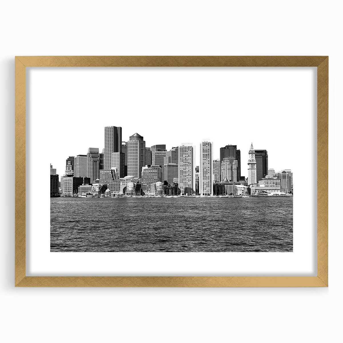 Extra large abstract art print of Boston skyline in textured gold frame, ideal for living room decor.